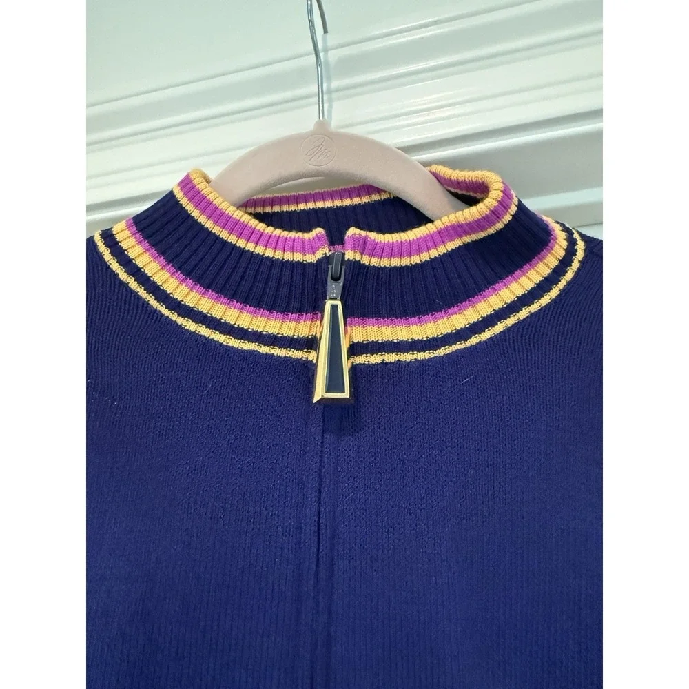 St John Sport‎ Marie Gray Knit Zip Jacket Blue Stripe Trim Size L USA